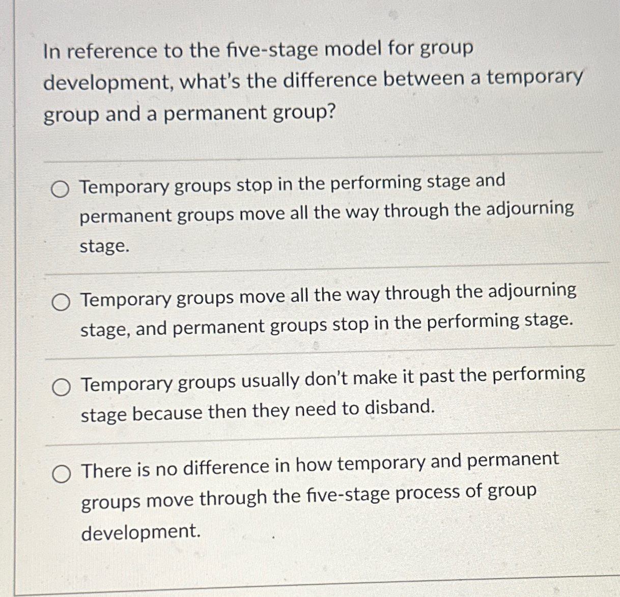  In reference to the five-stage model for group development, what's the