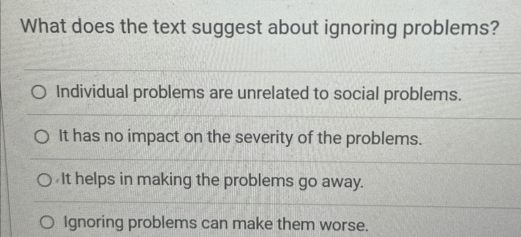  What does the text suggest about ignoring problems? Individual problems are