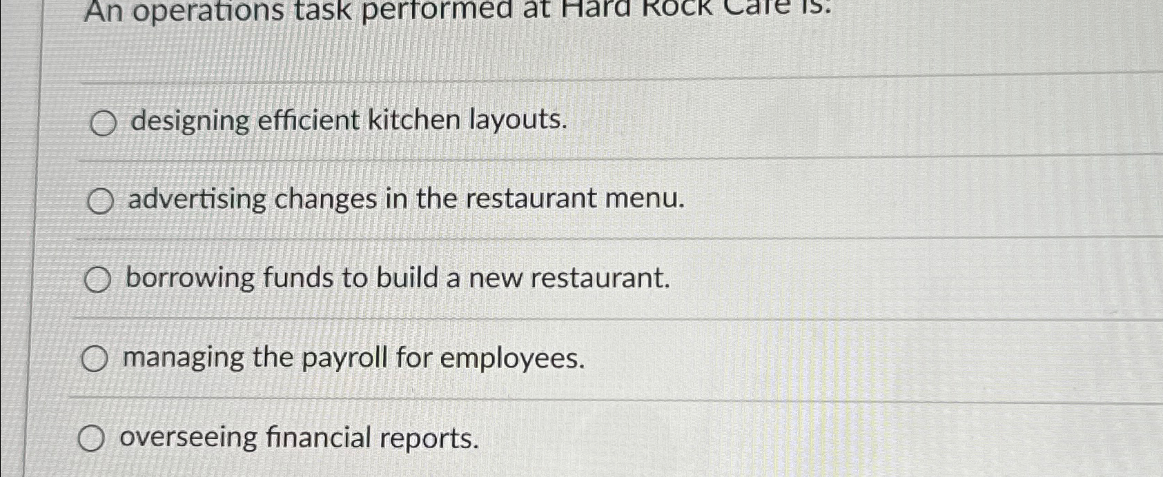  designing efficient kitchen layouts. advertising changes in the restaurant menu. borrowing