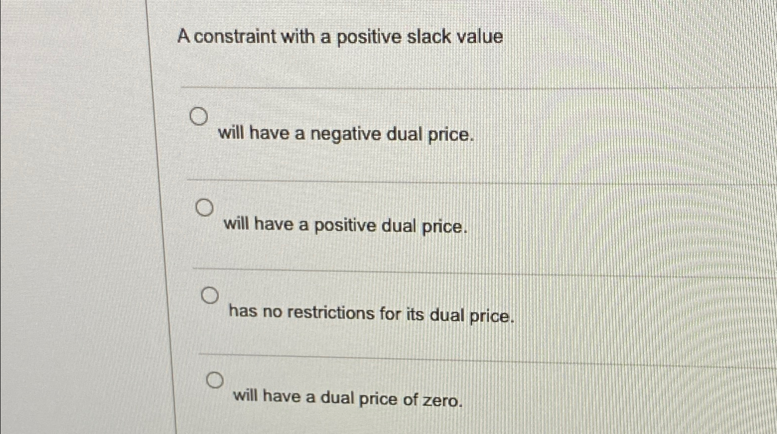  A constraint with a positive slack value will have a negative