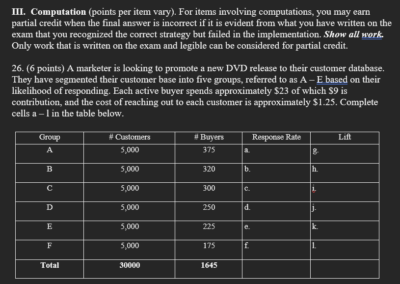  III. Computation (points per item vary). For items involving computations, you