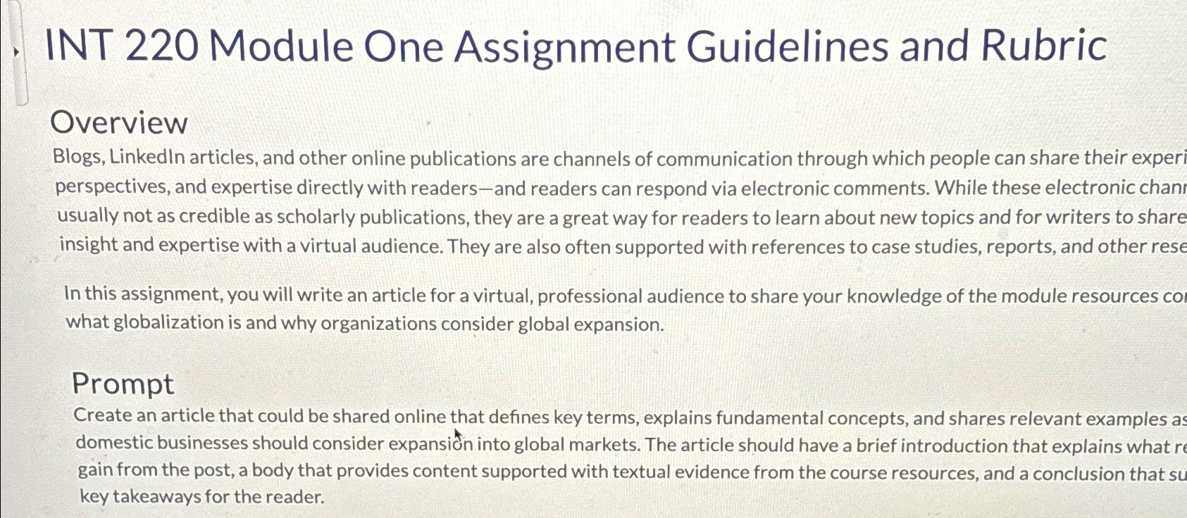  INT 220 Module One Assignment Guidelines and Rubric Overview Blogs, LinkedIn