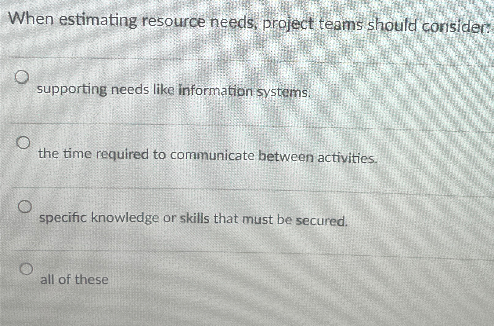  When estimating resource needs, project teams should consider: supporting needs like
