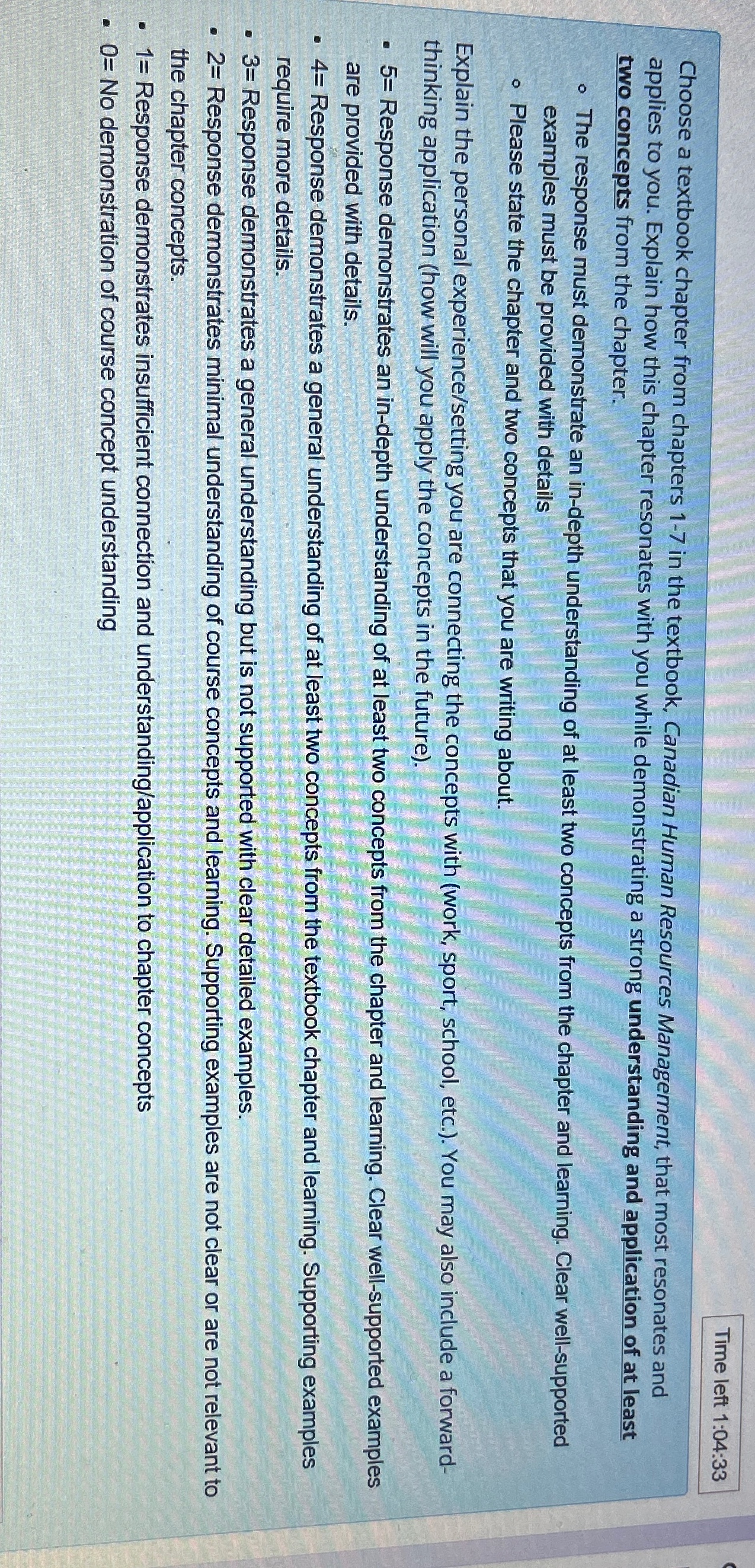  Time left 1:04:33 Choose a textbook chapter from chapters 1-7 in