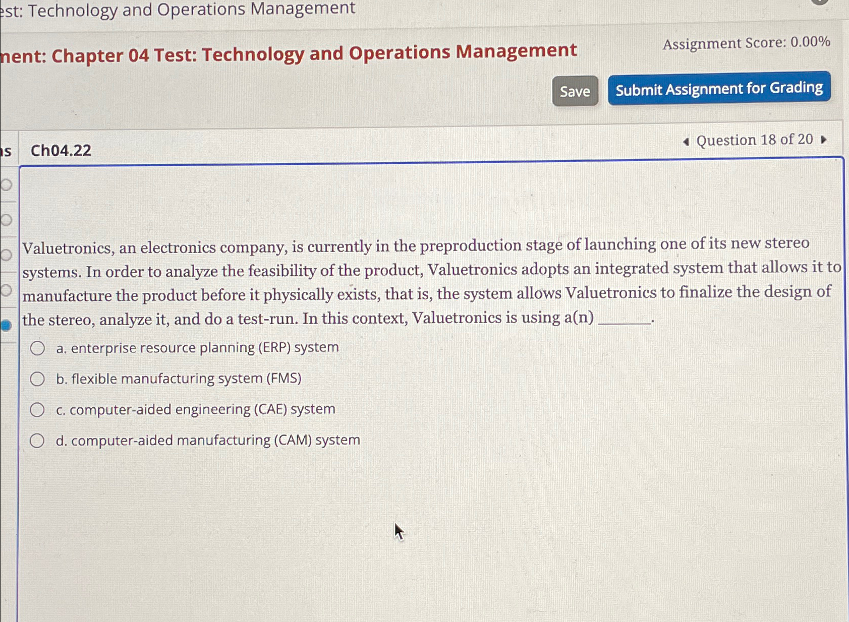  st: Technology and Operations Management nent: Chapter 04 Test: Technology and
