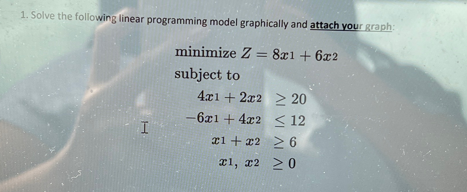  Solve the following linear programming model graphically and attach your graph: