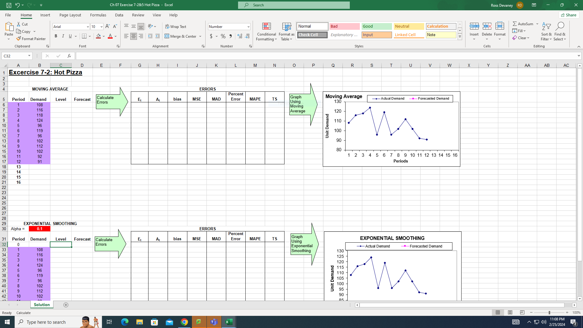  Excercise 7-2: Hot Pizza EXPONENTIAL SMOOTHING Estimate demand for the next
