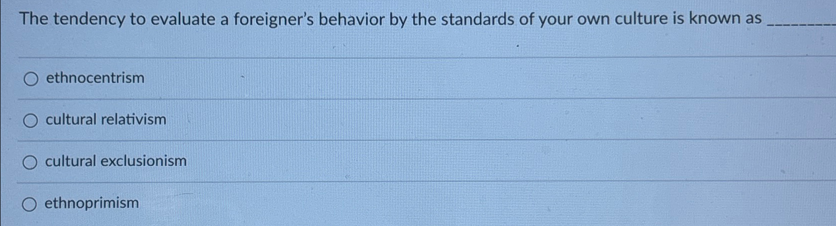  The tendency to evaluate a foreigner's behavior by the standards of