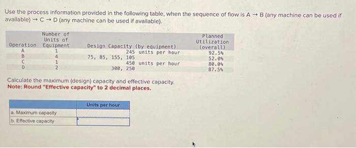  Use the process information provided in the following table, when the