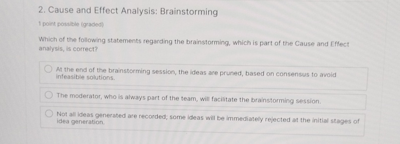  Cause and Effect Analysis: Brainstorming 1 point possible (graded) Which of