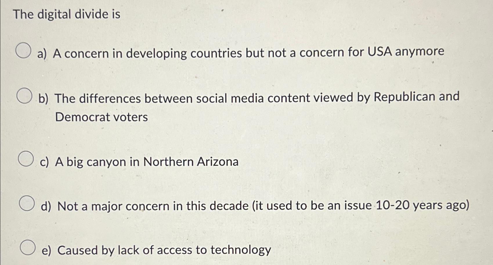  The digital divide is a) A concern in developing countries but