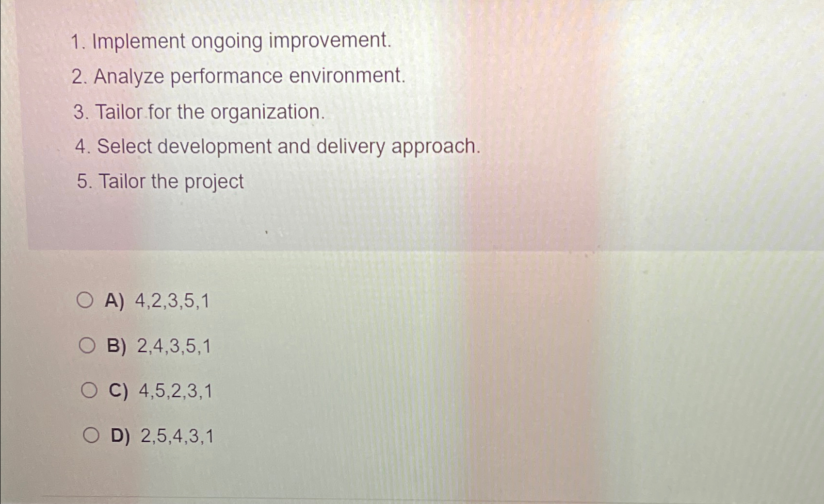 Implement ongoing improvement. Analyze performance environment. Tailor for the organization. Select