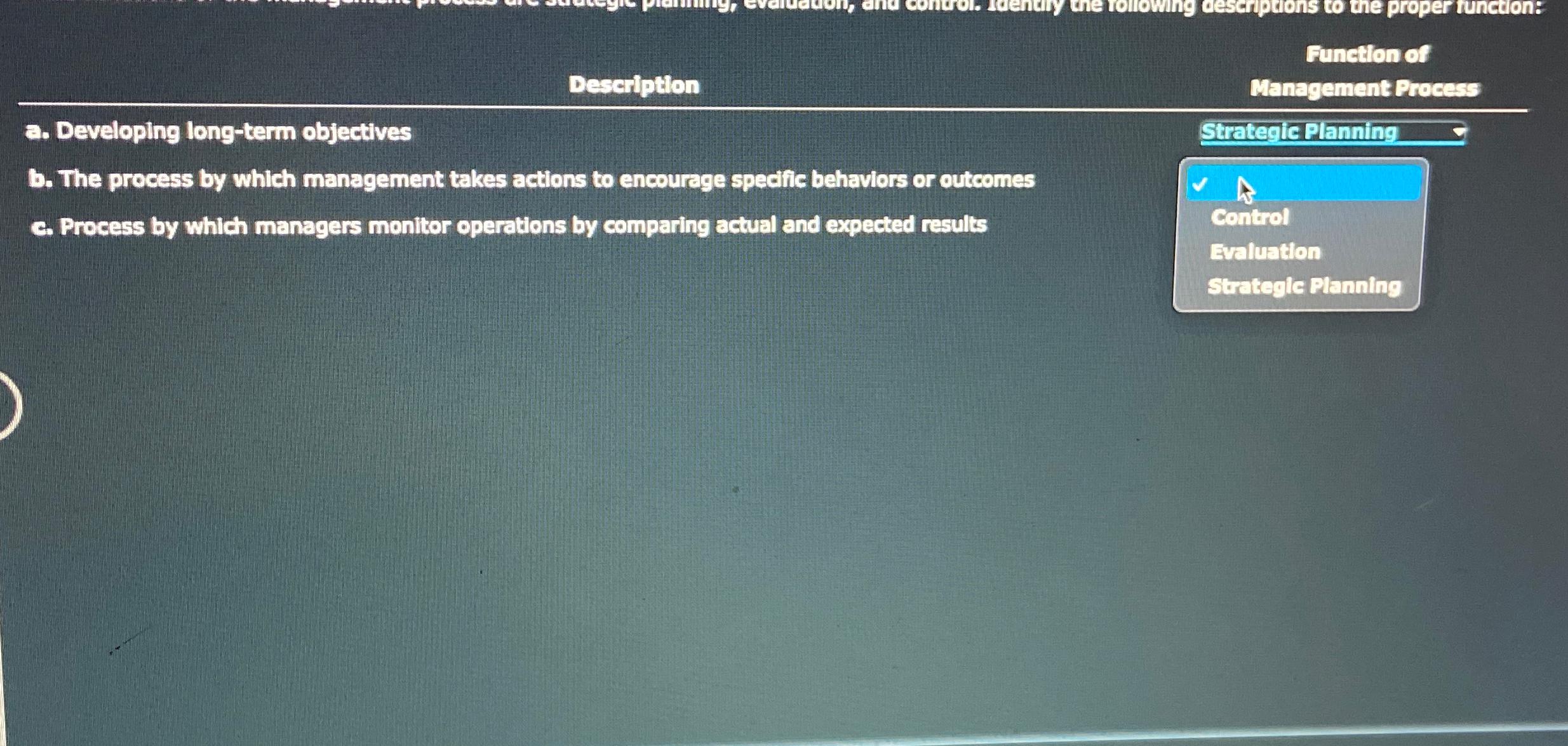  Desertption Function of Management Process a. Developing long-term objectives Stratedicplanning b.
