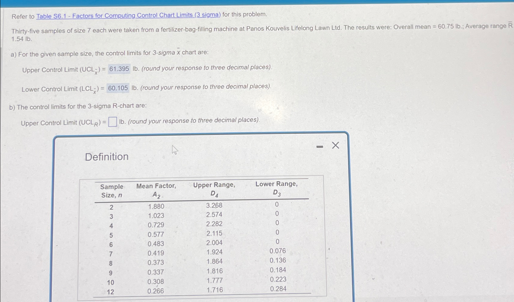  Refer to Table S6.1- Factors for Computing Control Chart Limits (3