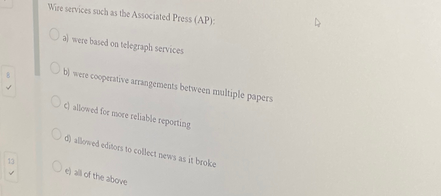  Wire services such as the Associated Press (AP): a) were based