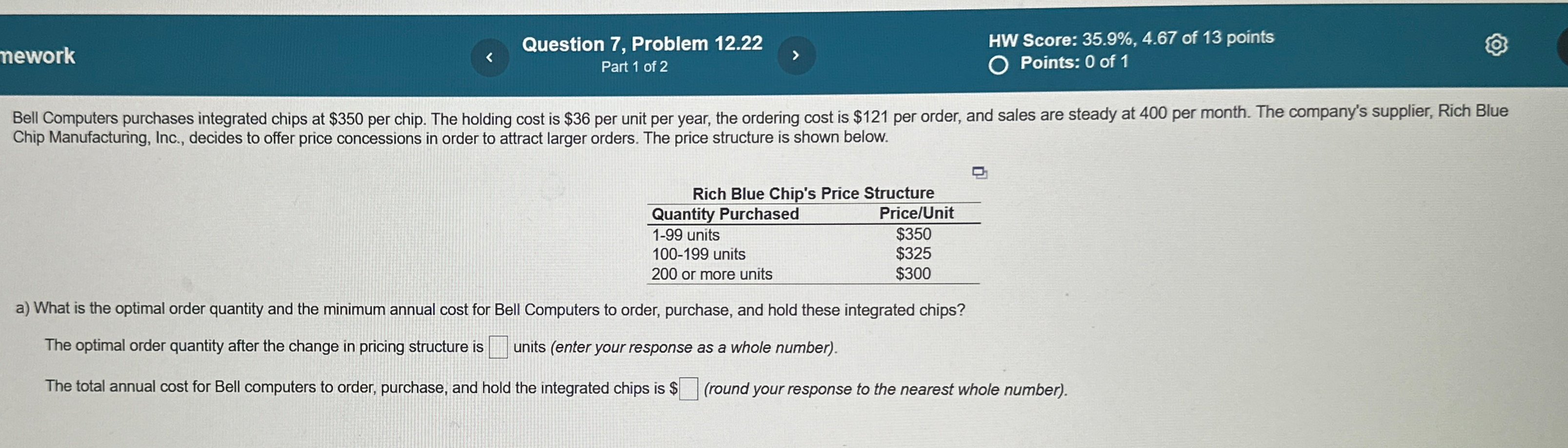  nework Question 7, Problem 12.22 HW Score: 35.9%,4.67 of 13 points