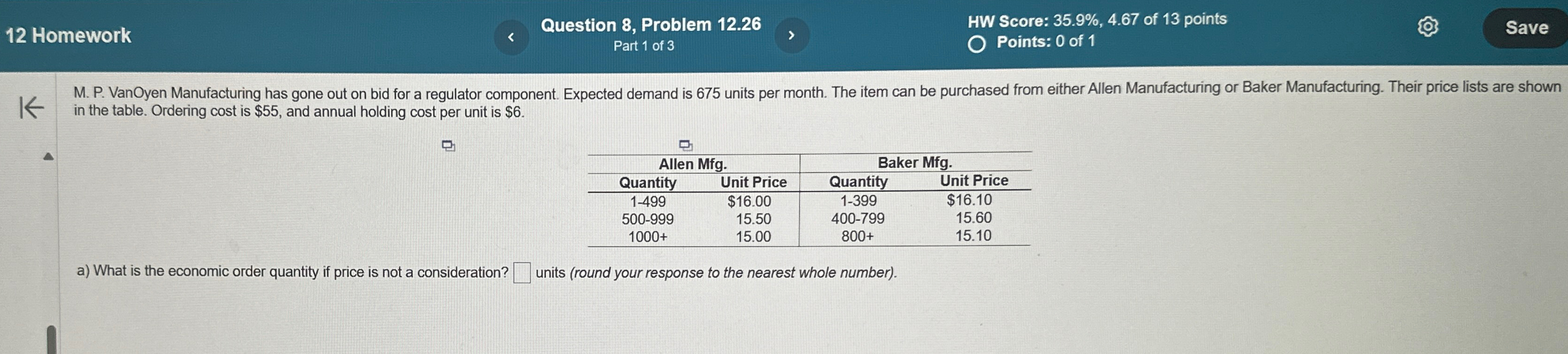  12 Homework Question 8, Problem 12.26 HW Score: 35.9%,4.67 of 13