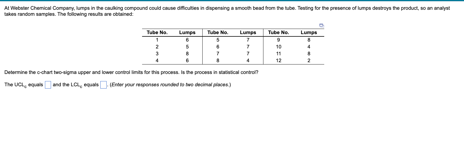 Determine the c-chart two-sigma upper and lower control limits for this