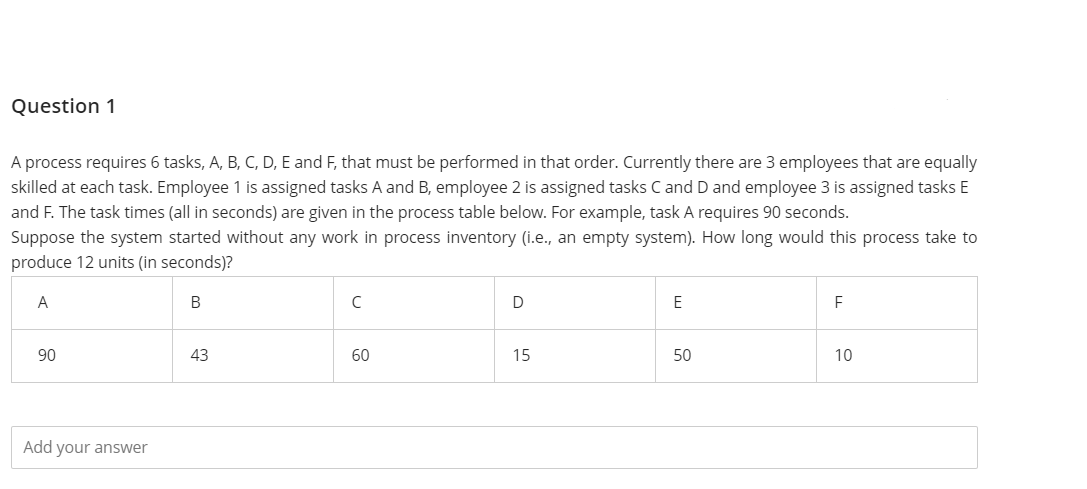  Question 1 A process requires 6 tasks, A, B, C, D,