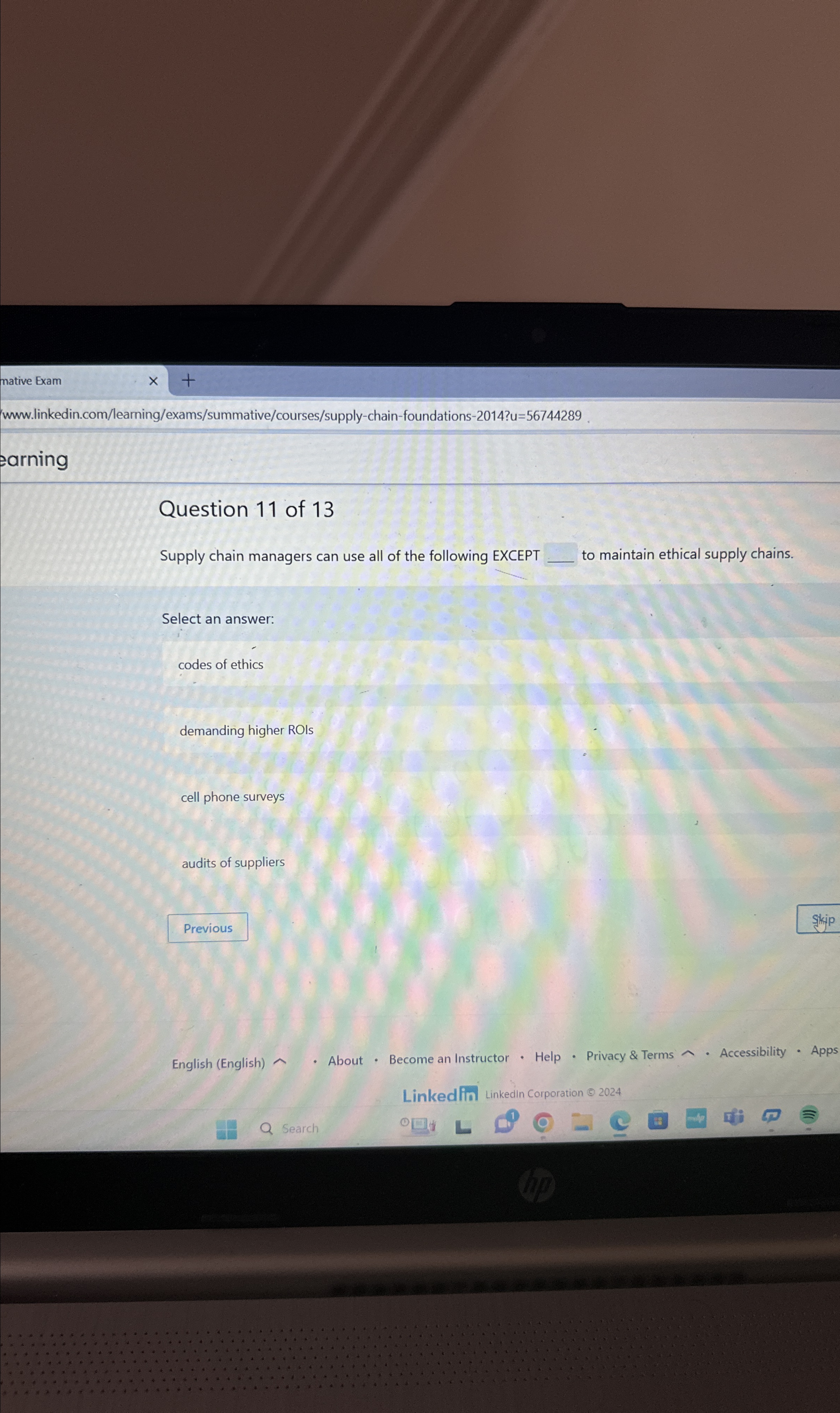  mative Exam www.linkedin.com/learning/exams/summative/courses/supply-chain-foundations-2014?u=56744289 earning Question 11 of 13 Supply chain managers