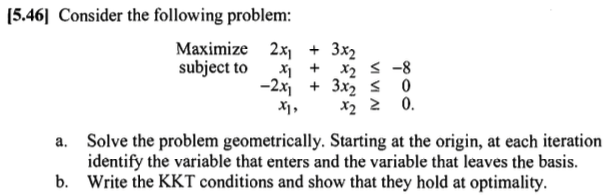  [5.46] Consider the following problem: Maximize 2x1+3x2 subject tox1+x2-8 ,-2x1+3x20 ,x1,x20.