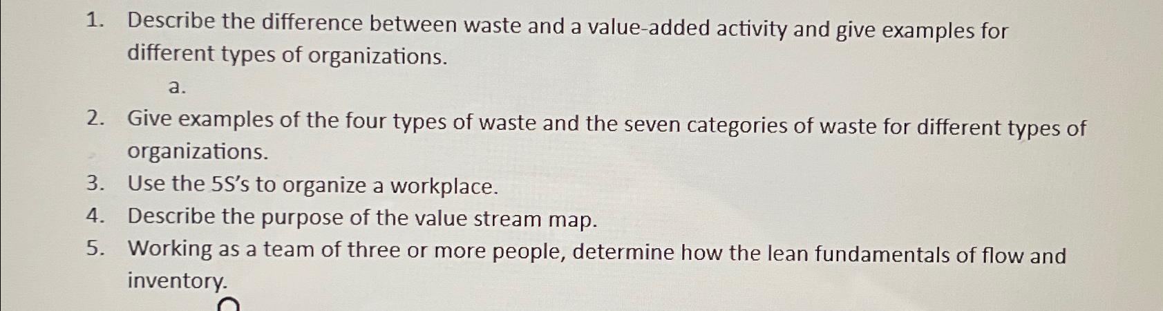  Describe the difference between waste and a value-added activity and give
