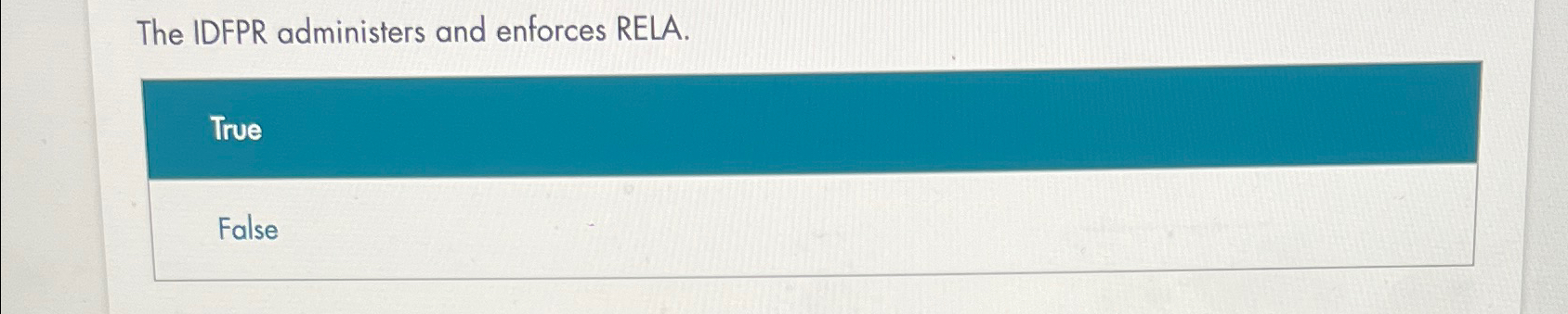  The IDFPR administers and enforces RELA. True False 