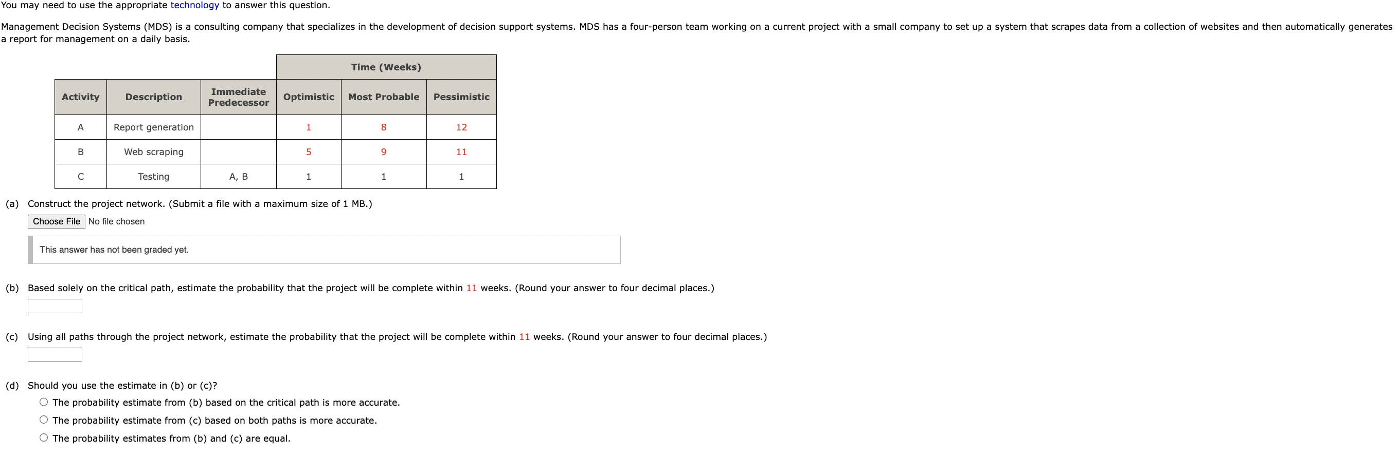 please answer all parts will rate (a) Construct the project network. (Submit