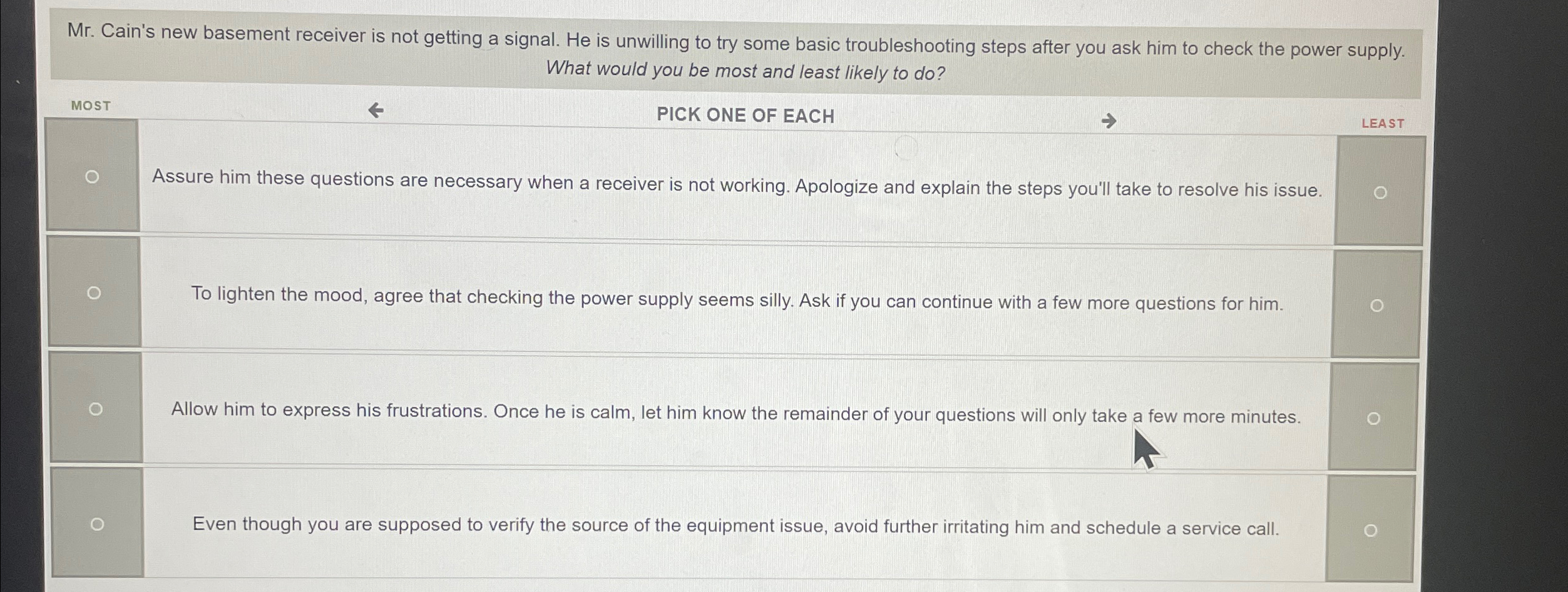  Mr. Cain's new basement receiver is not getting a signal. He