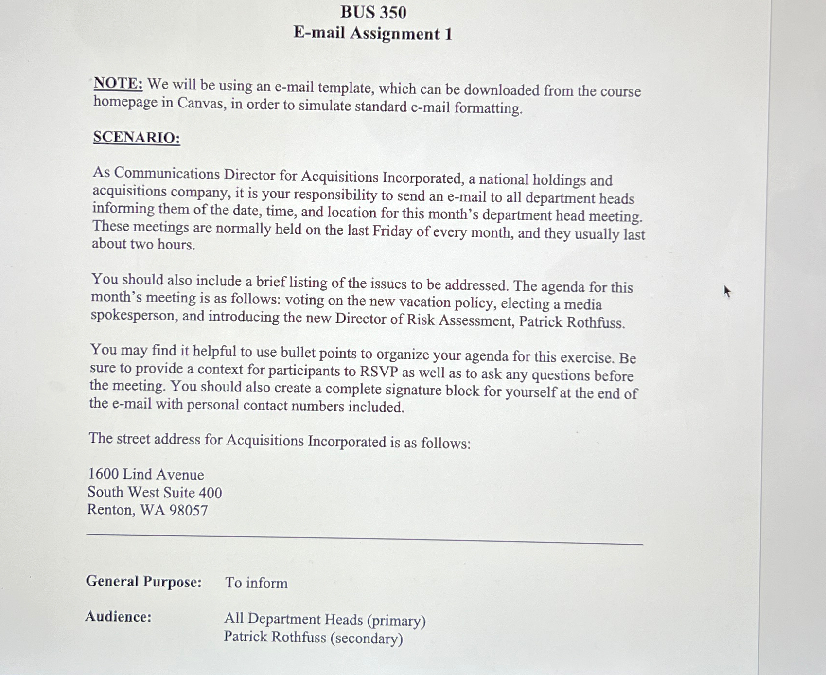  BUS 350 E-mail Assignment 1 NOTE: We will be using an