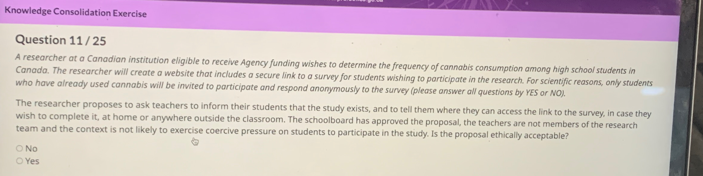  Knowledge Consolidation Exercise Question 11/25 A researcher at a Canadian institution