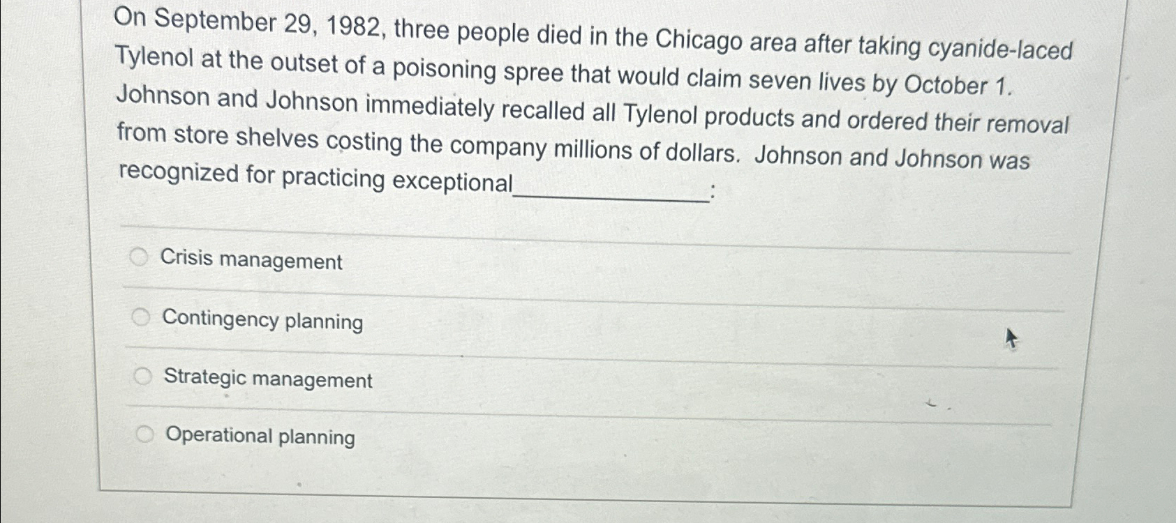  On September 29,1982, three people died in the Chicago area after