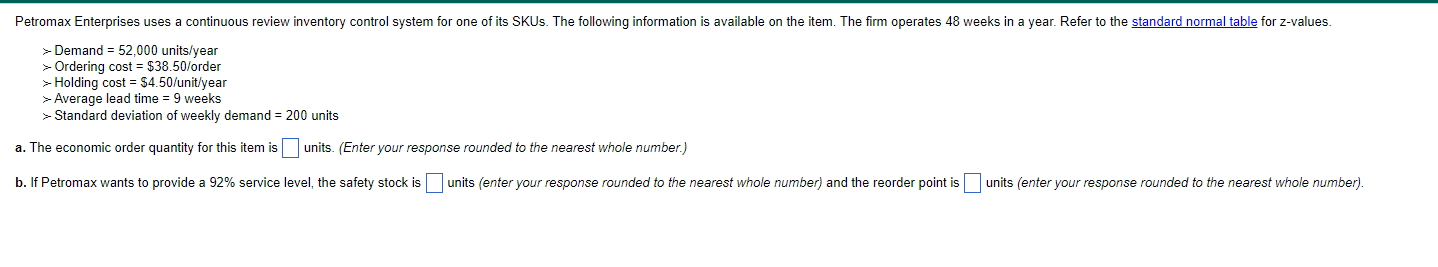  > Demand =52,000 units/year >- Ordering cost =$38.50? order > Holding