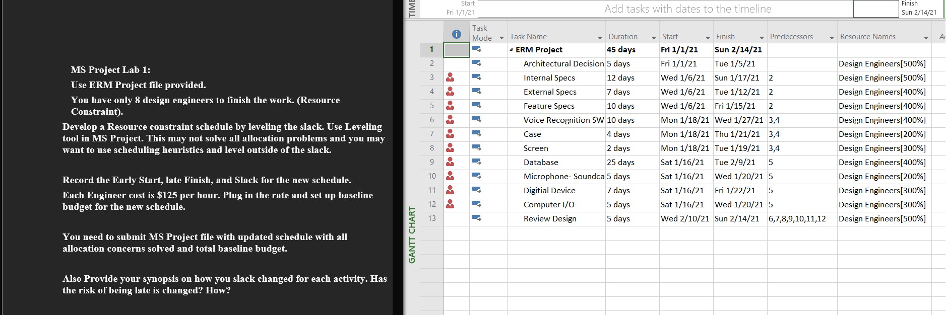  MS Project Lab 1: Use ERM Project file provided. You have