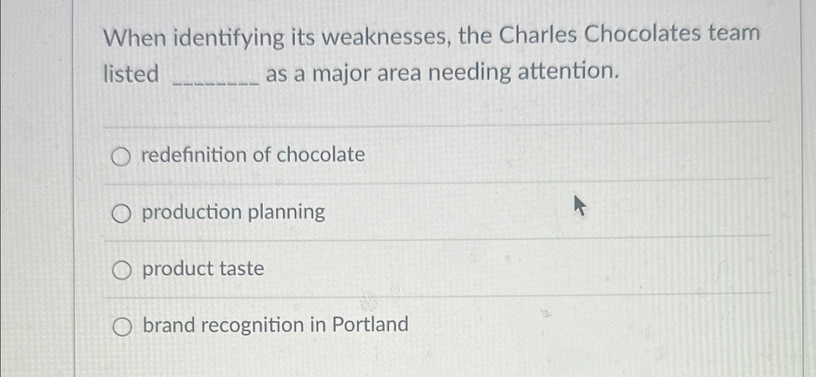  When identifying its weaknesses, the Charles Chocolates team listed as a