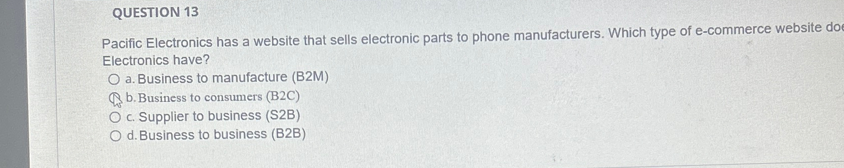  QUESTION 13 Pacific Electronics has a website that sells electronic parts