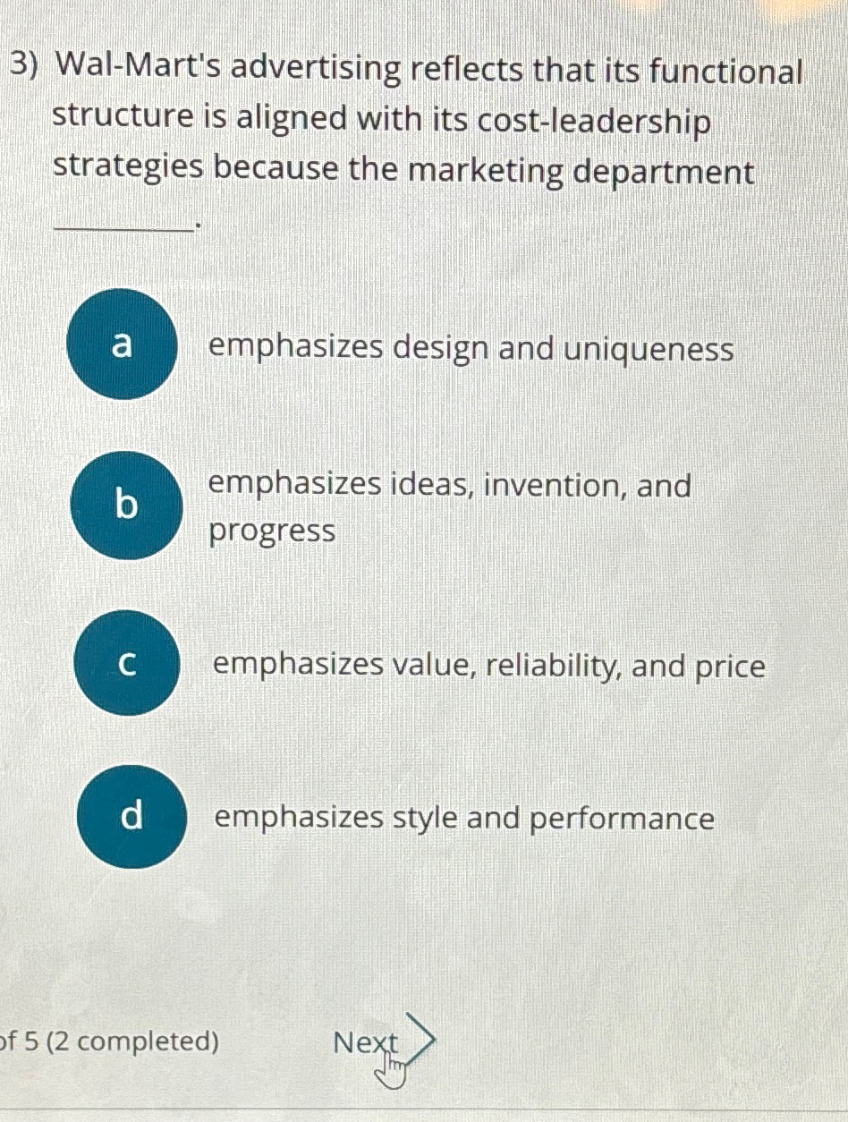  Wal-Mart's advertising reflects that its functional structure is aligned with its