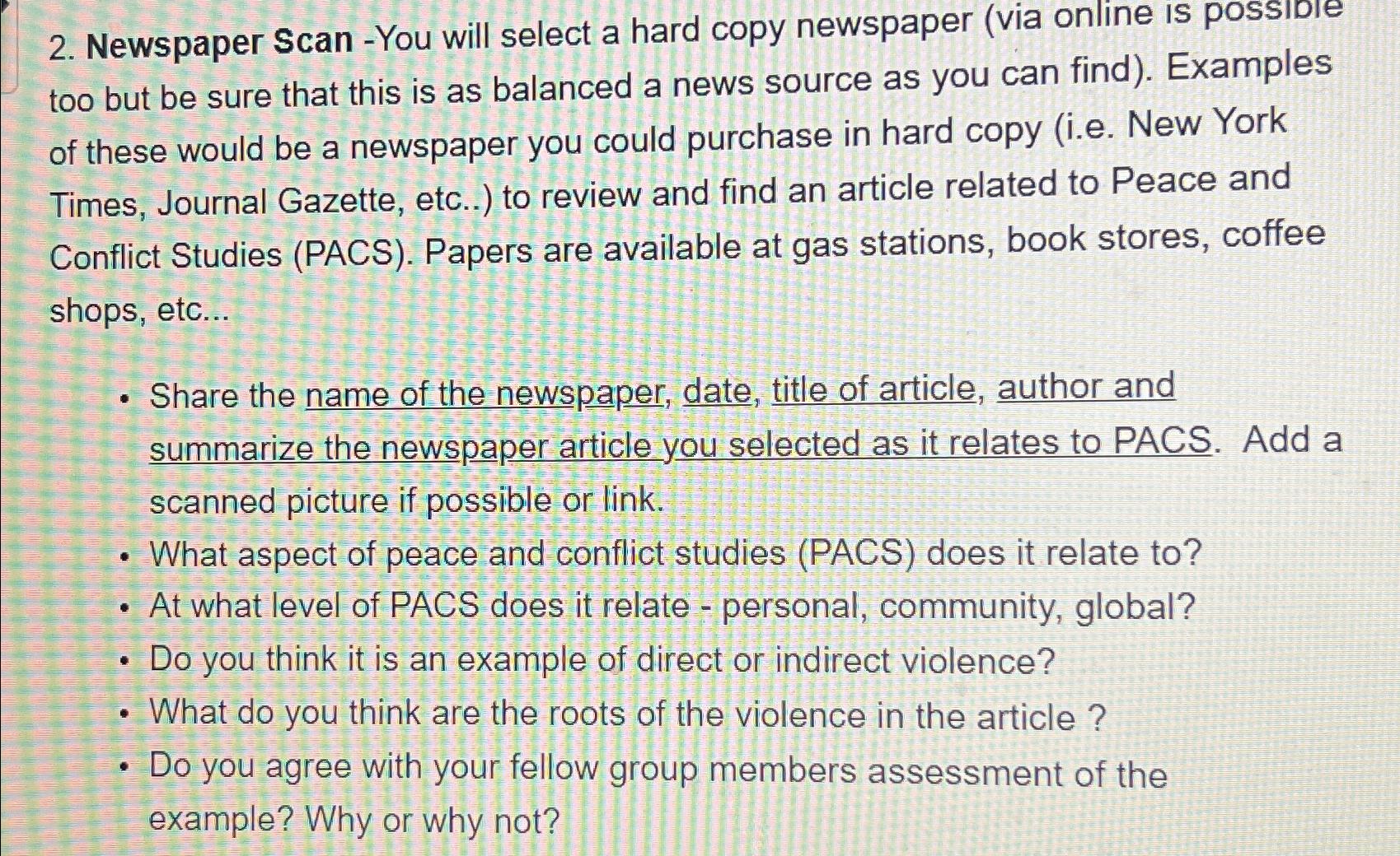  Newspaper Scan -You will select a hard copy newspaper (via online