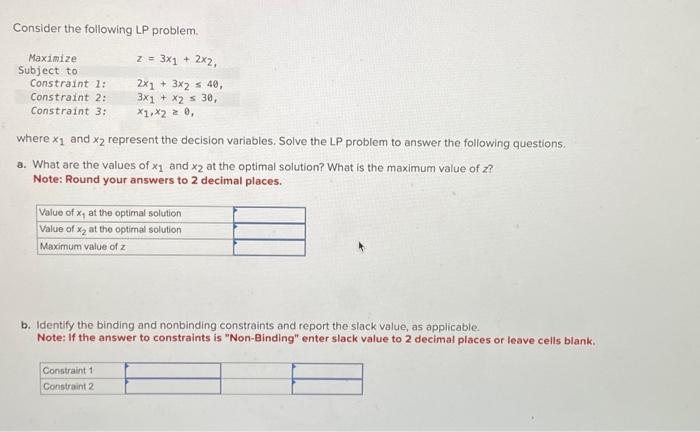  Consider the following LP problem. where x1 and x2 represent the