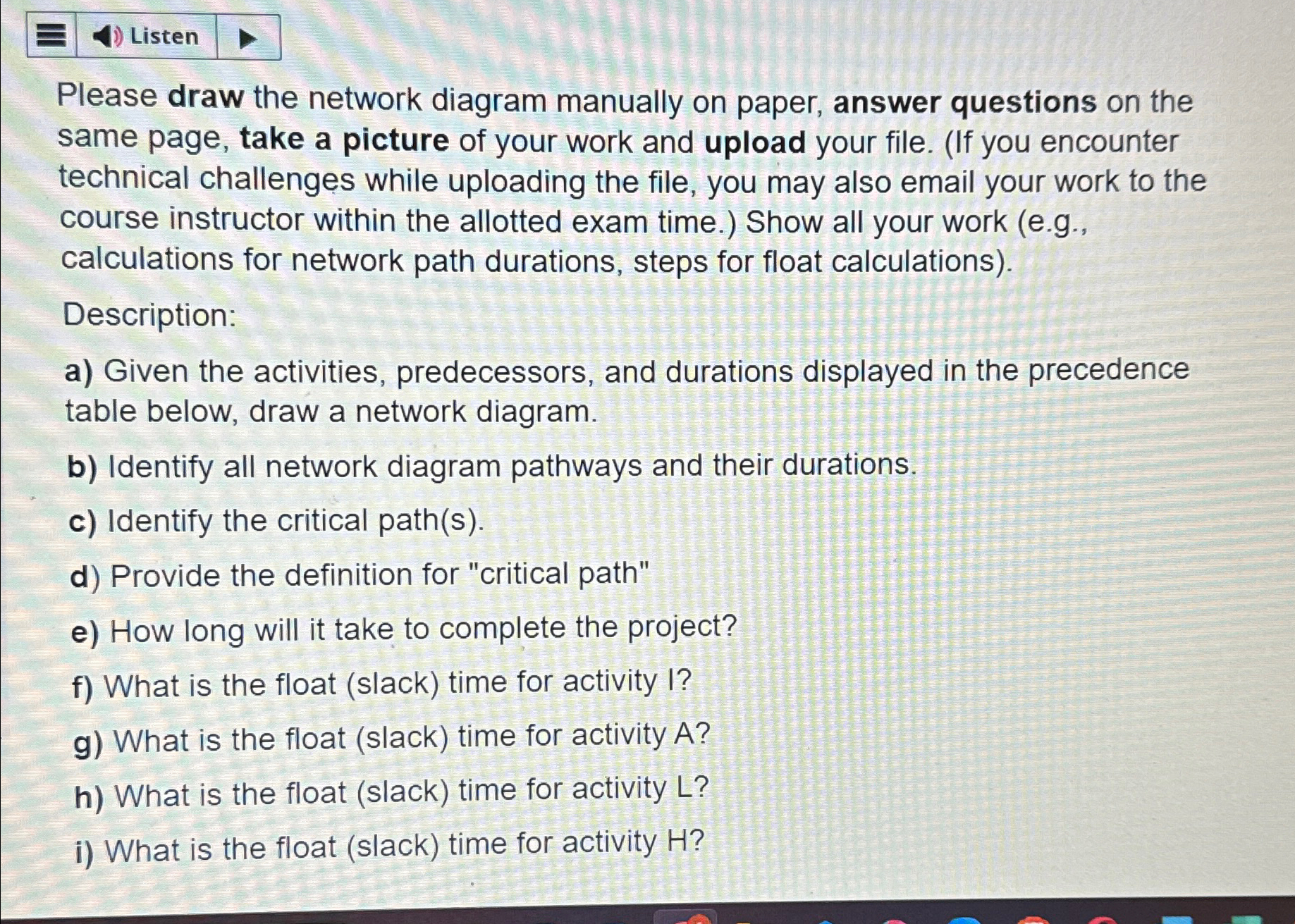  Please draw the network diagram manually on paper, answer questions on
