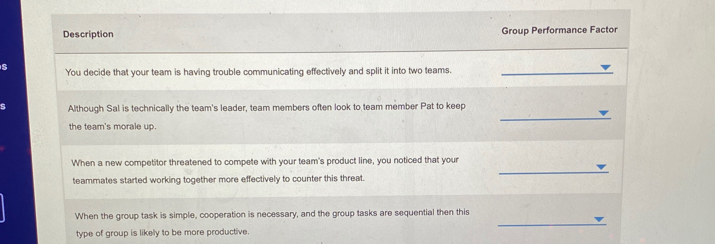  Description Group Performance Factor You decide that your team is having