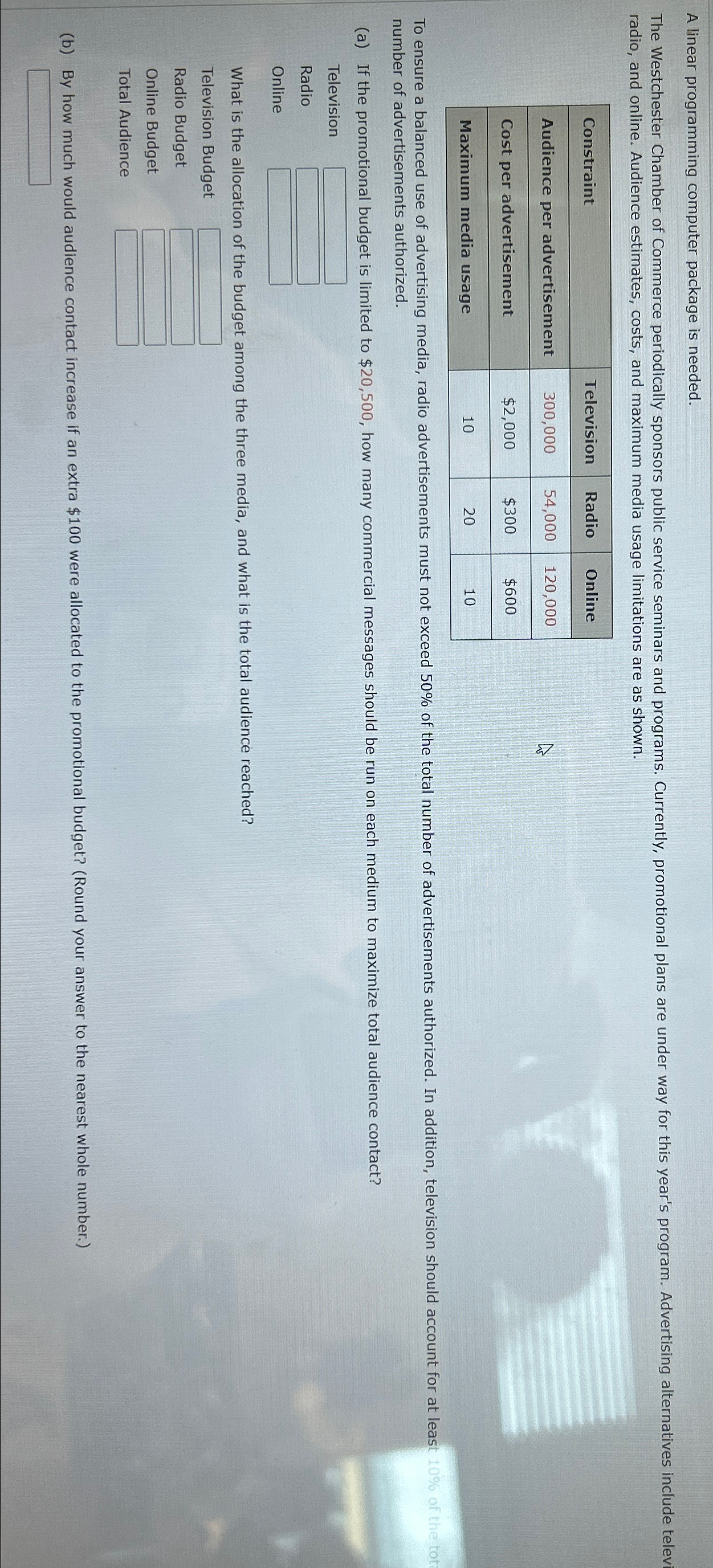  A linear programming computer package is needed. radio, and online. Audience