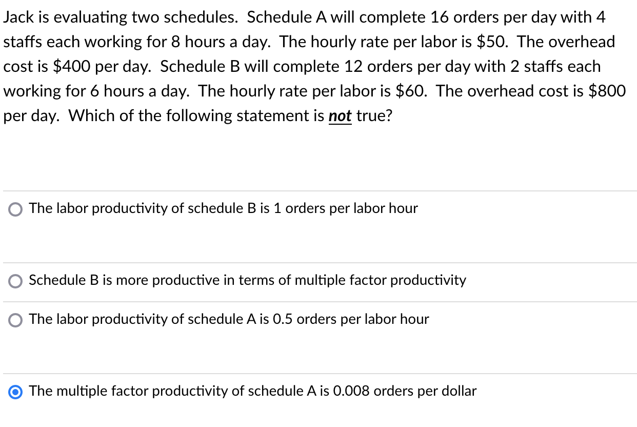  Jack is evaluating two schedules. Schedule A will complete 16 orders