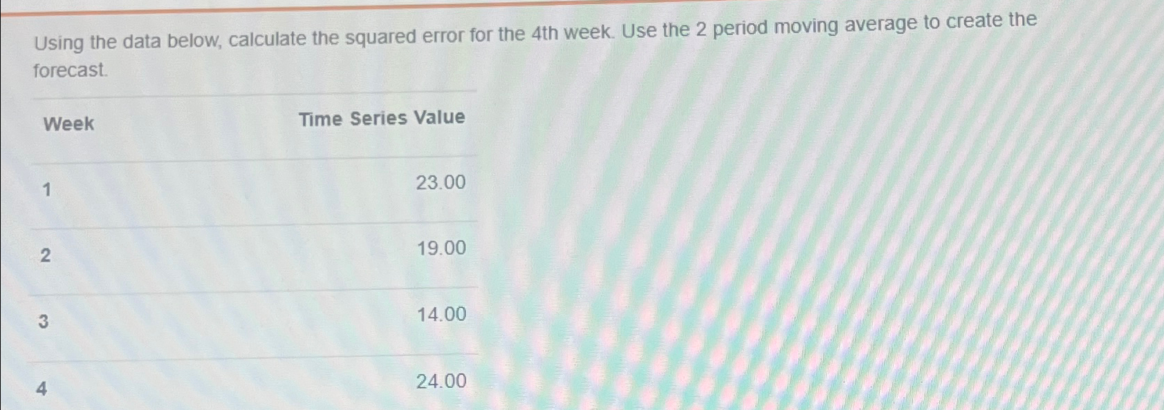  Using the data below, calculate the squared error for the 4
