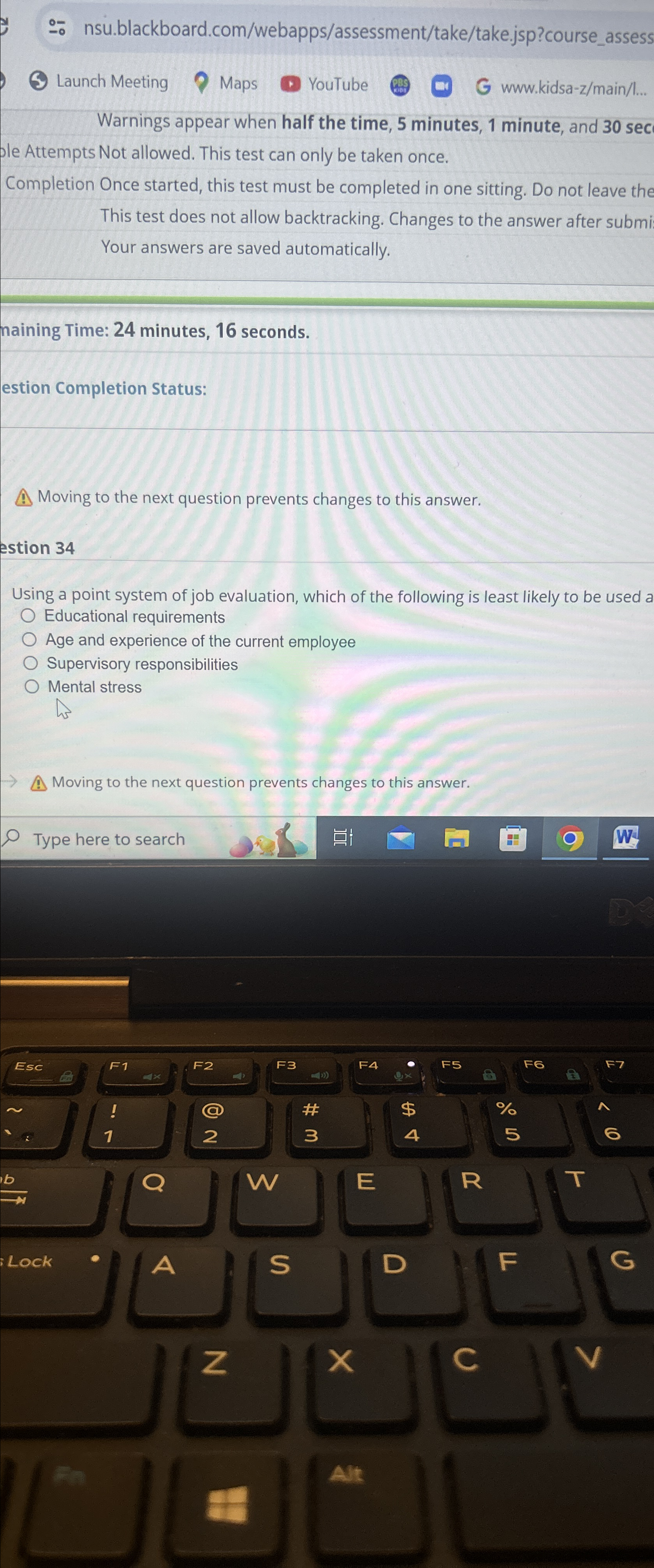  -- nsu.blackboard.com/webapps/assessment/take/take.jsp?course_assess Launch Meeting Maps YouTube G www.kidsa-z/main/l... Warnings appear when