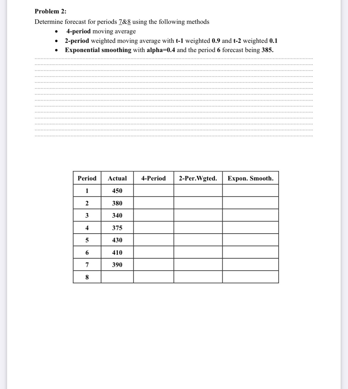  Problem 2: Determine forecast for periods 7&8? using the following methods