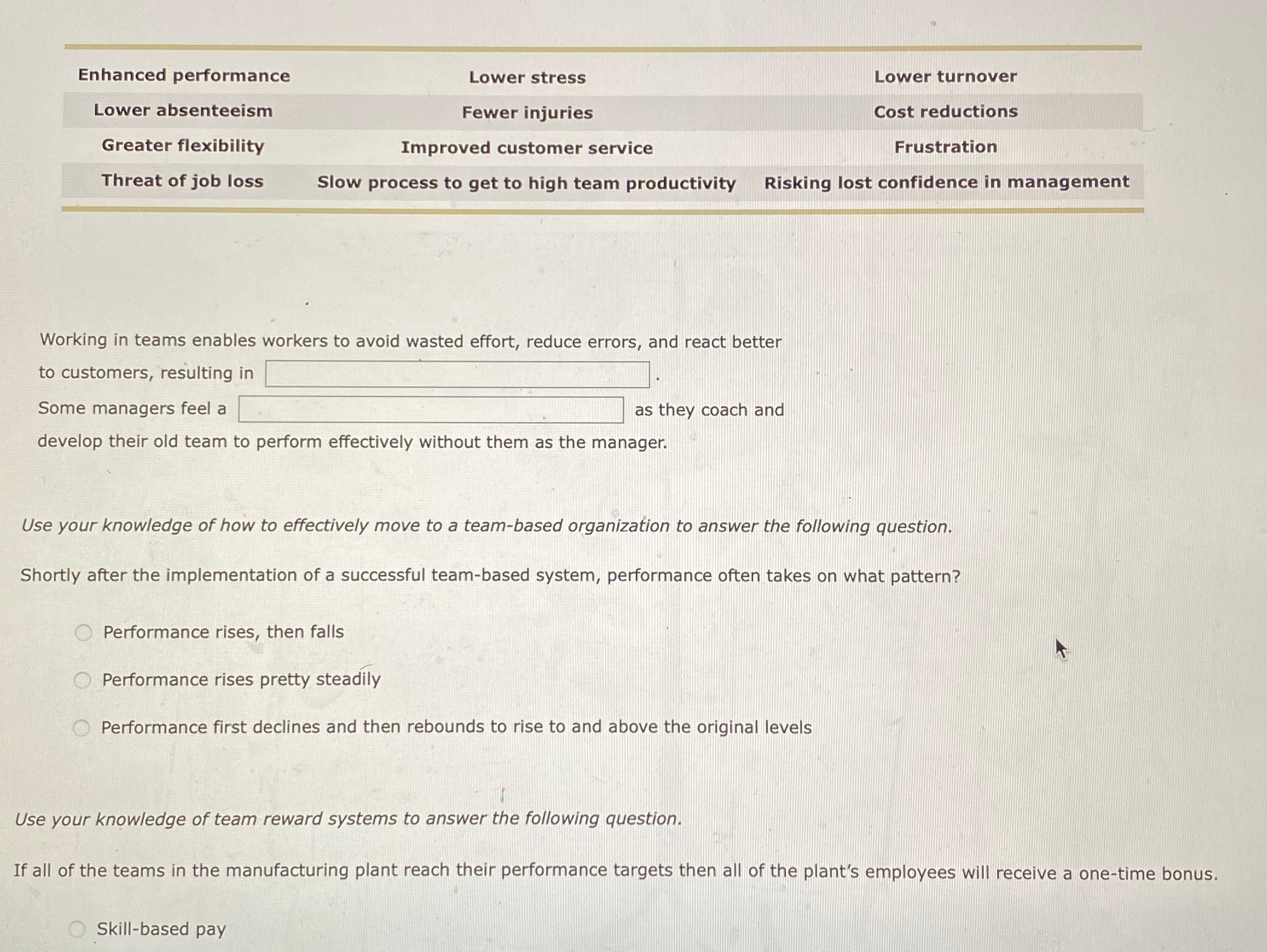  \table[[Enhanced performance,Lower stress,Lower turnover],[Lower absenteeism,Fewer injuries,Cost reductions],[Greater flexibility,Improved customer service,Frustration],[Threat of