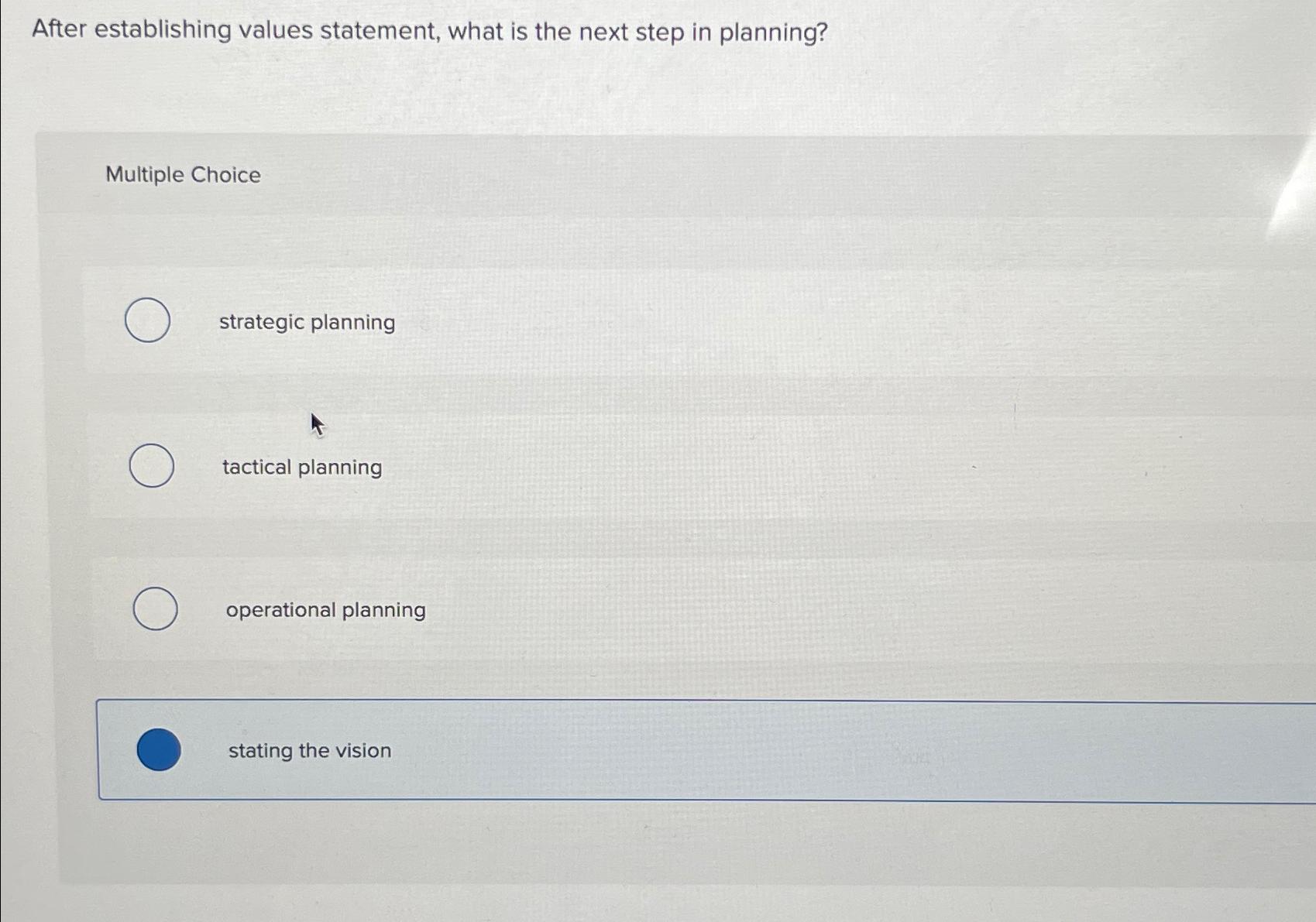  After establishing values statement, what is the next step in planning?