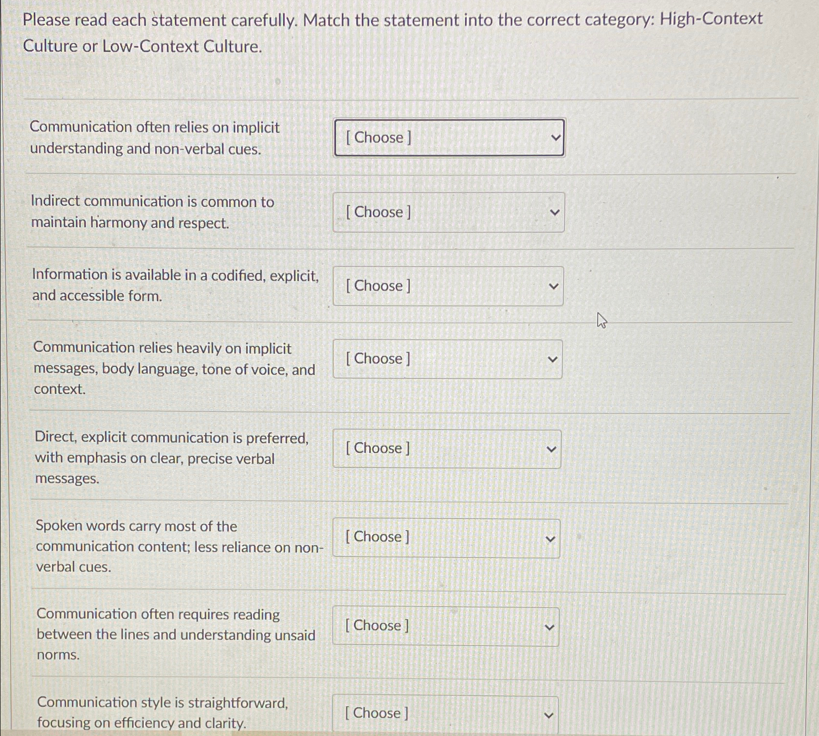  Please read each statement carefully. Match the statement into the correct