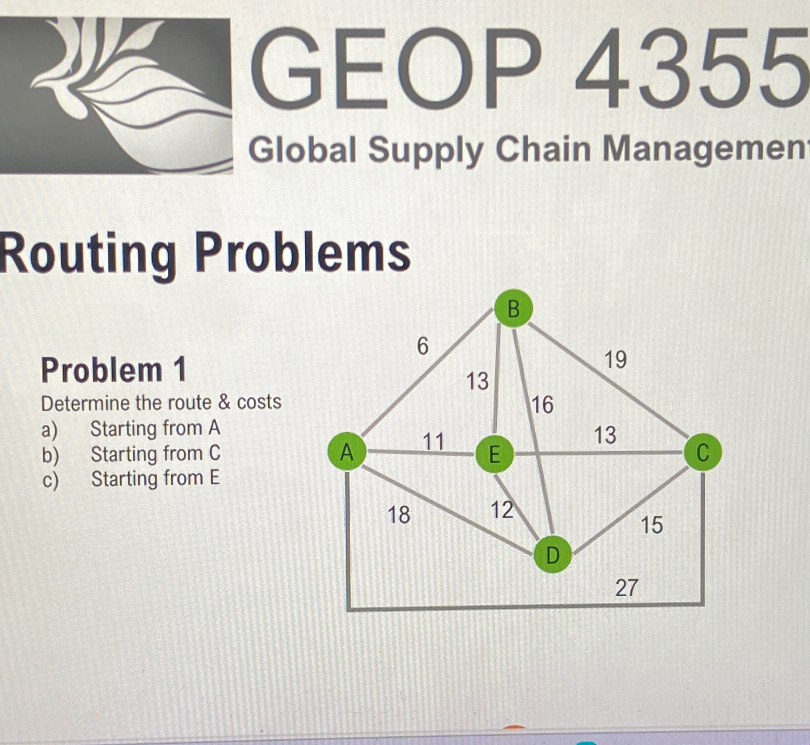  Routing Problame Problem 1 Determine the route & costs a) Starting